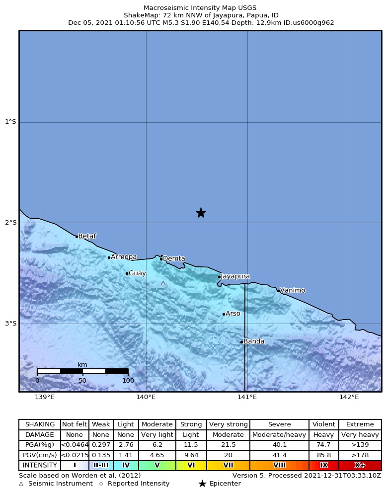 USGS ShakeMap intensity contours for the M5.3 earthquake near 72 km NNW of Jayapura, Indonesia