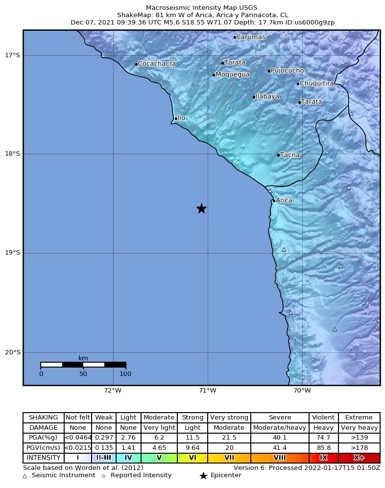 USGS ShakeMap intensity contours for the M5.6 earthquake near 81 km W of Arica, Chile