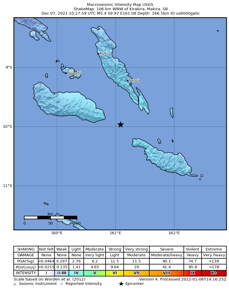 USGS ShakeMap intensity contours for the M5.4 earthquake near 106 km WNW of Kirakira, Solomon Islands