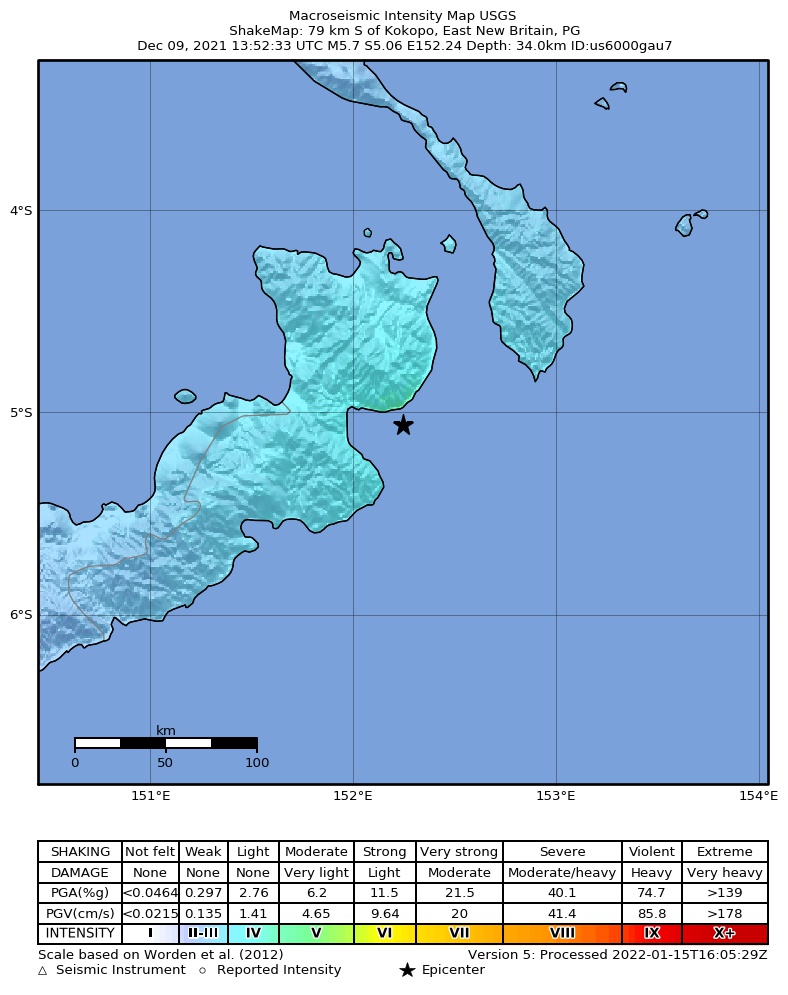 USGS ShakeMap intensity contours for the M5.7 earthquake near 79 km S of Kokopo, Papua New Guinea