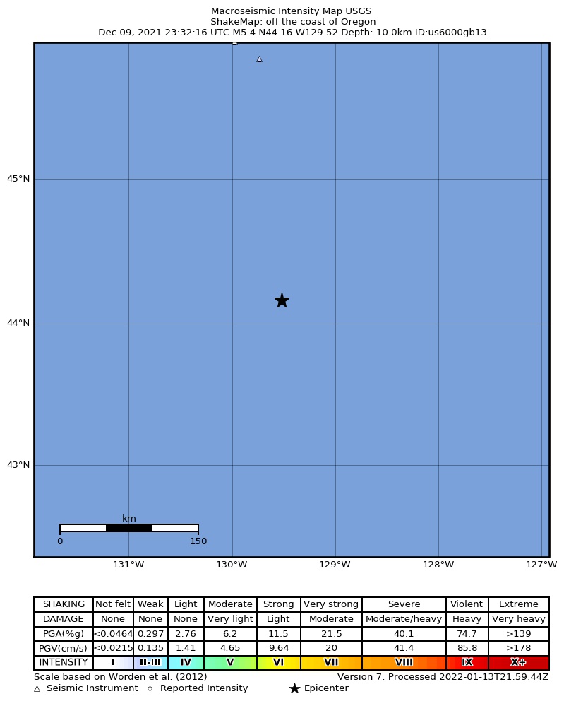 USGS ShakeMap intensity contours for the M5.4 earthquake near off the coast of Oregon