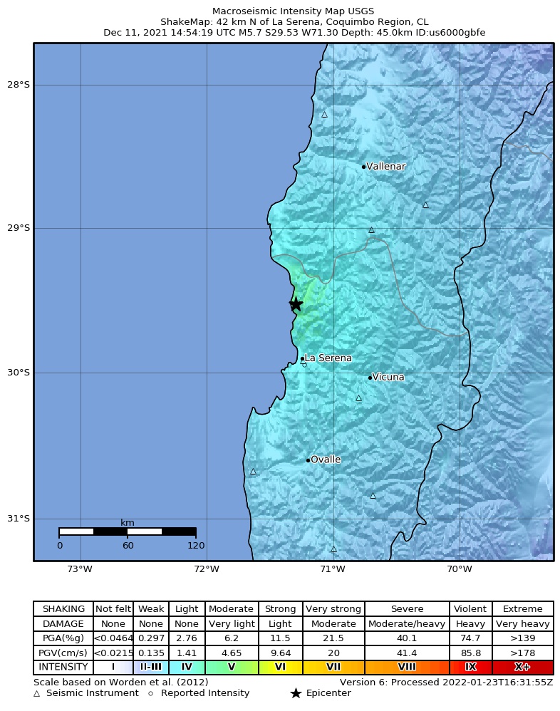 USGS ShakeMap intensity contours for the M5.7 earthquake near 42 km N of La Serena, Chile