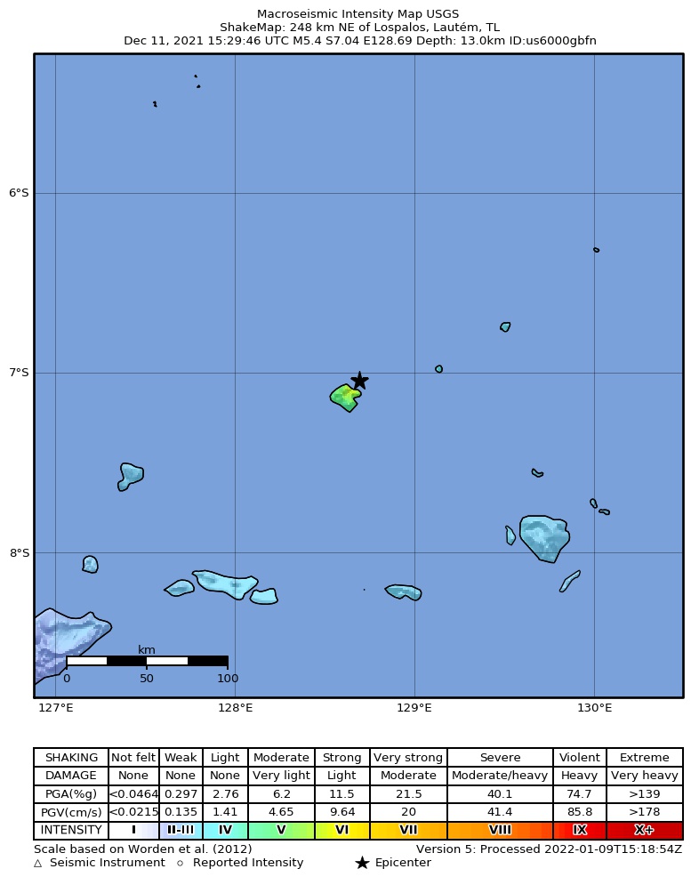 USGS ShakeMap intensity contours for the M5.4 earthquake near 248 km NE of Lospalos, Timor Leste