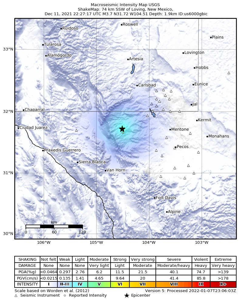 USGS ShakeMap intensity contours for the M4.0 earthquake near 52 km SSW of Whites City, New Mexico