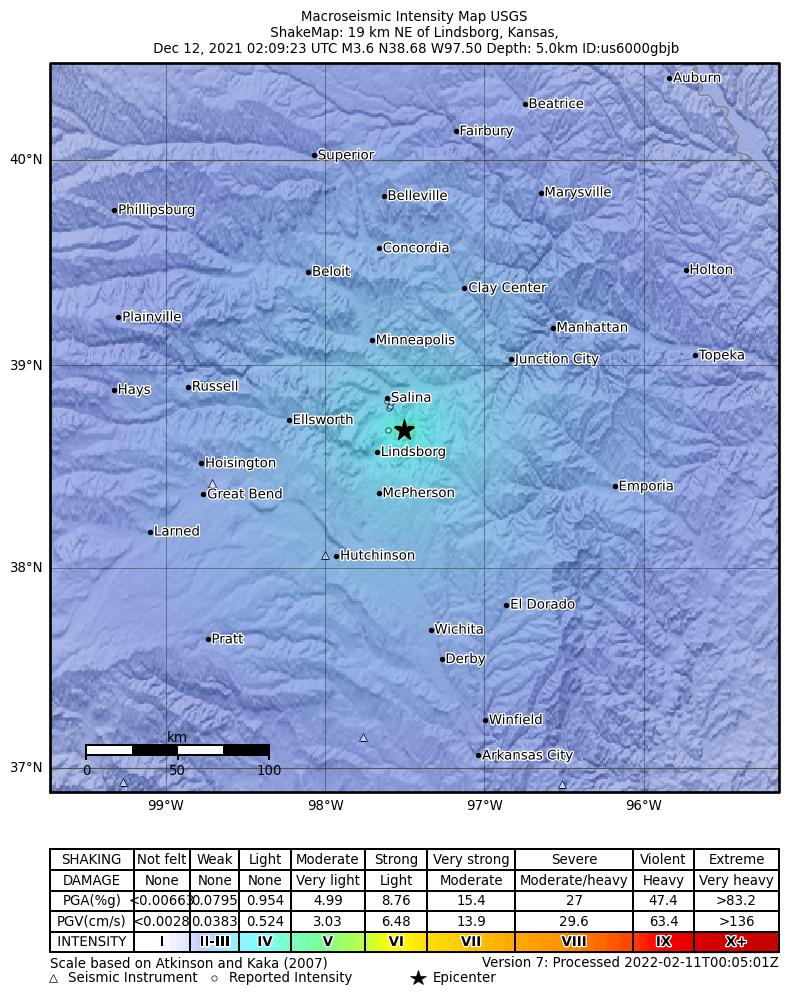 USGS ShakeMap: estimated shaking intensity around the epicenter