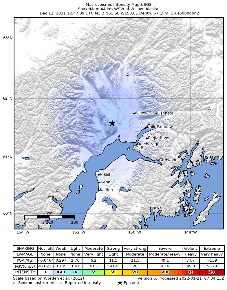 USGS ShakeMap: estimated shaking intensity around the epicenter