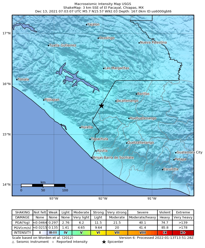 USGS ShakeMap intensity contours for the M5.7 earthquake near 3 km SSE of El Pacayal, Mexico