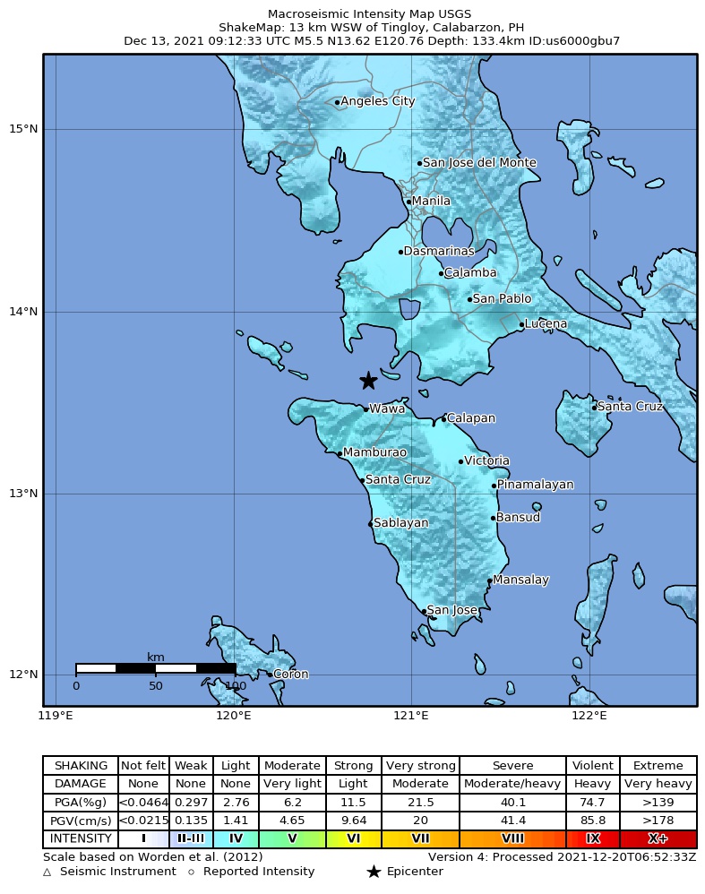 USGS ShakeMap intensity contours for the M5.5 earthquake near Mindoro, Philippines