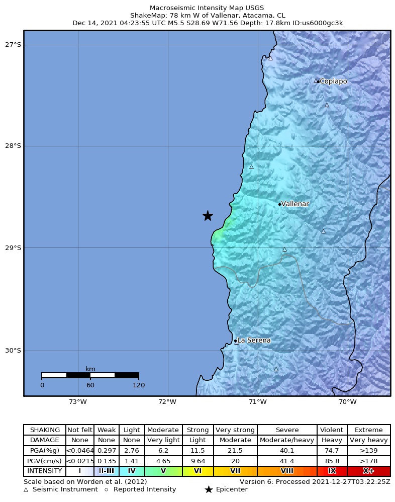 USGS ShakeMap intensity contours for the M5.5 earthquake near 78 km W of Vallenar, Chile