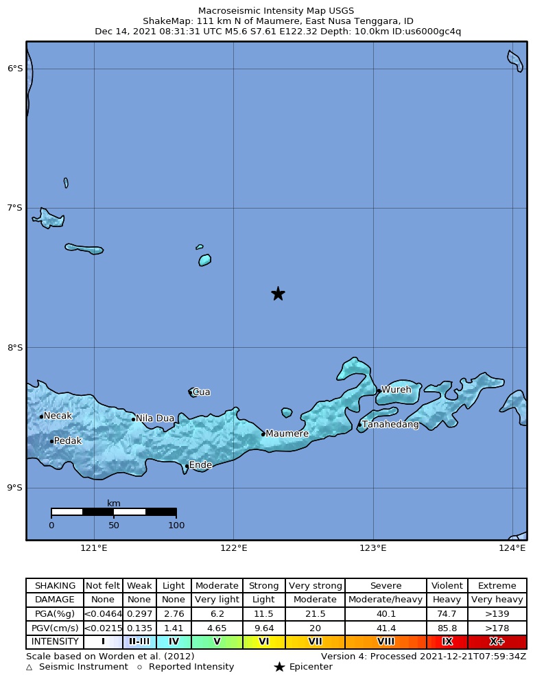 USGS ShakeMap intensity contours for the M5.6 earthquake near 111 km N of Maumere, Indonesia