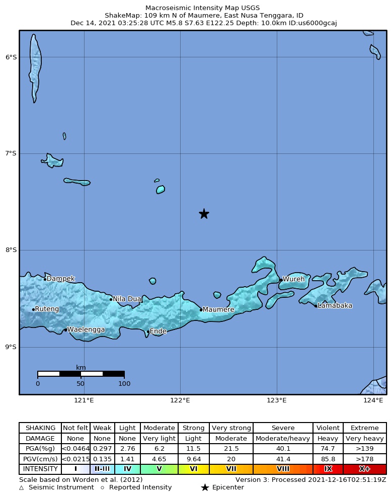 USGS ShakeMap intensity contours for the M5.8 earthquake near 112 km N of Maumere, Indonesia