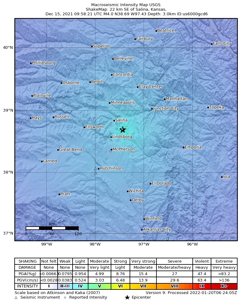 USGS ShakeMap: estimated shaking intensity around the epicenter