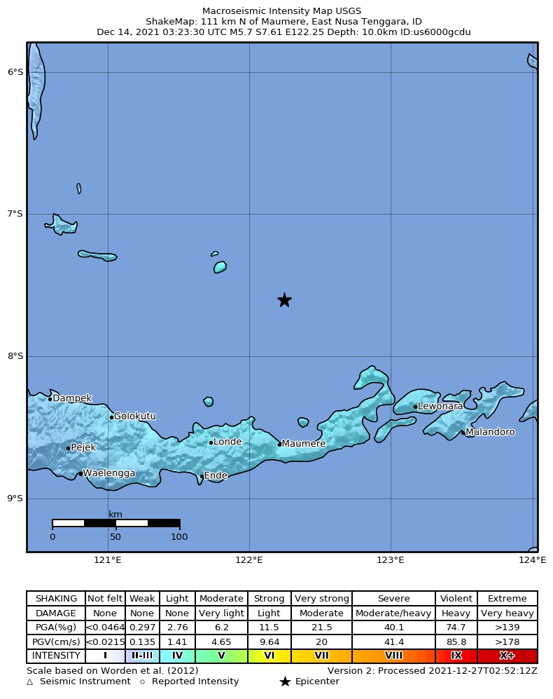 USGS ShakeMap intensity contours for the M5.7 earthquake near 111 km N of Maumere, Indonesia