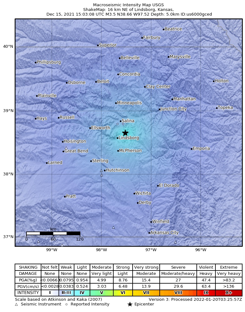 USGS ShakeMap: estimated shaking intensity around the epicenter