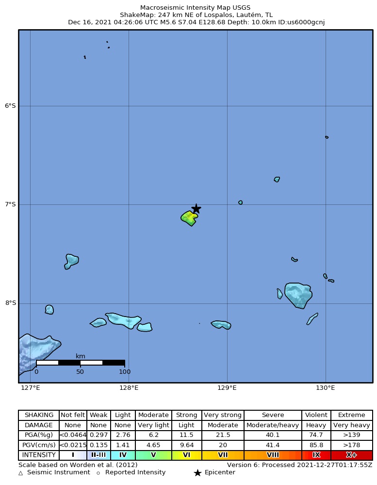 USGS ShakeMap intensity contours for the M5.6 earthquake near 247 km NE of Lospalos, Timor Leste