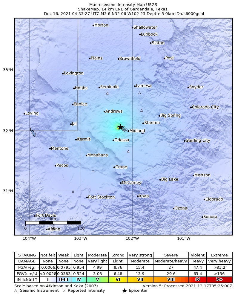 USGS ShakeMap: estimated shaking intensity around the epicenter