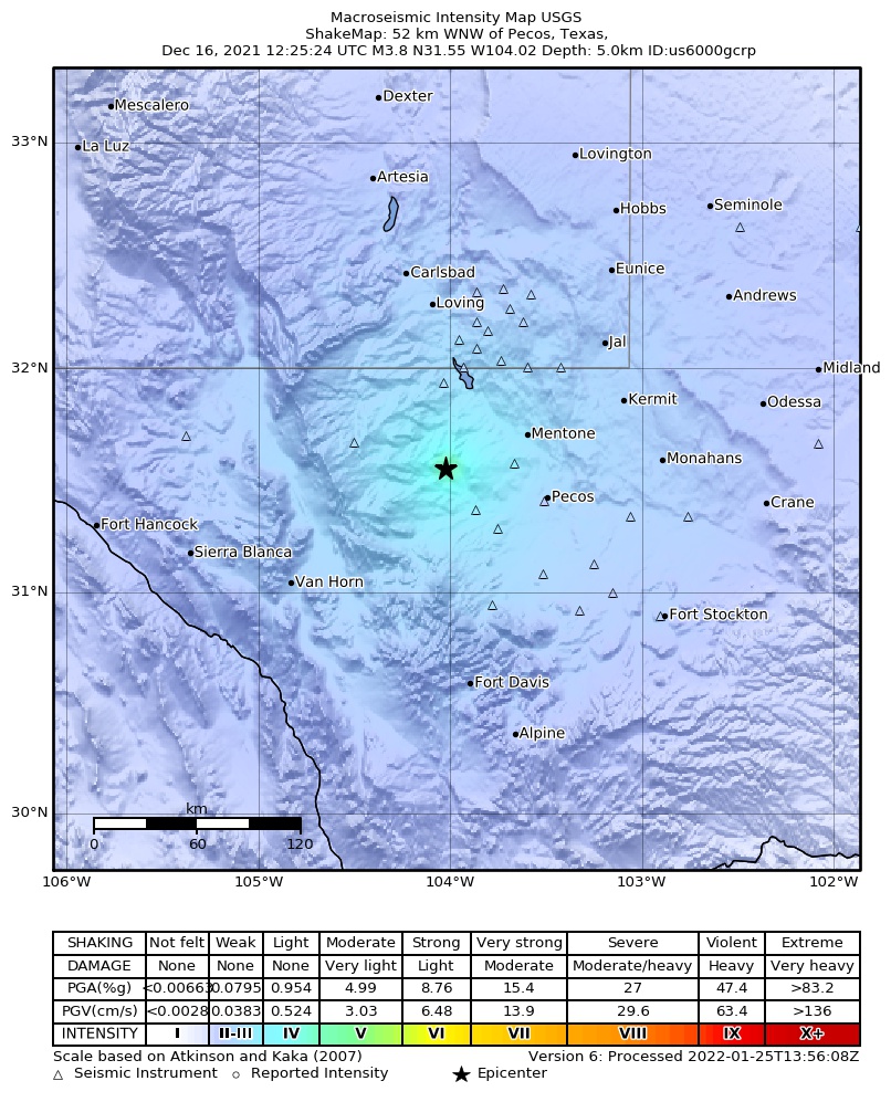 USGS ShakeMap: estimated shaking intensity around the epicenter