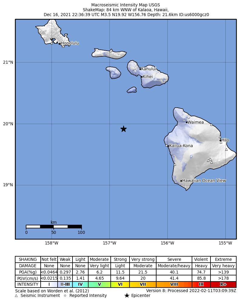 USGS ShakeMap intensity contours for the M3.6 earthquake near 87 km WNW of Kalaoa, Hawaii
