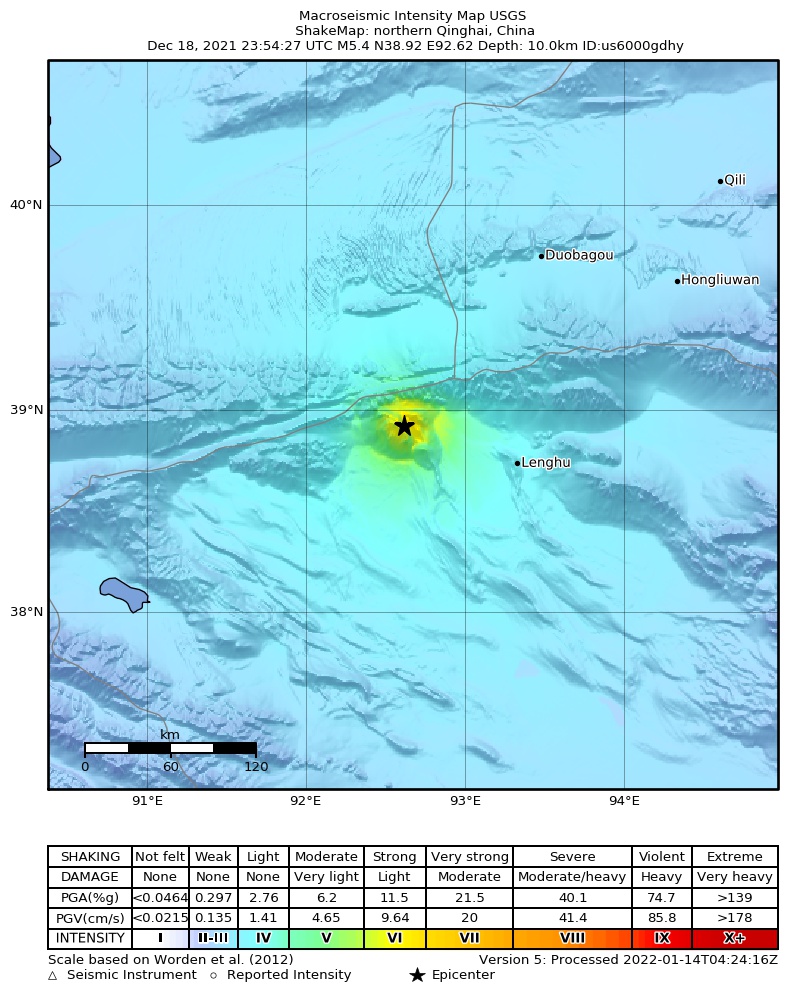 USGS ShakeMap intensity contours for the M5.4 earthquake near northern Qinghai, China