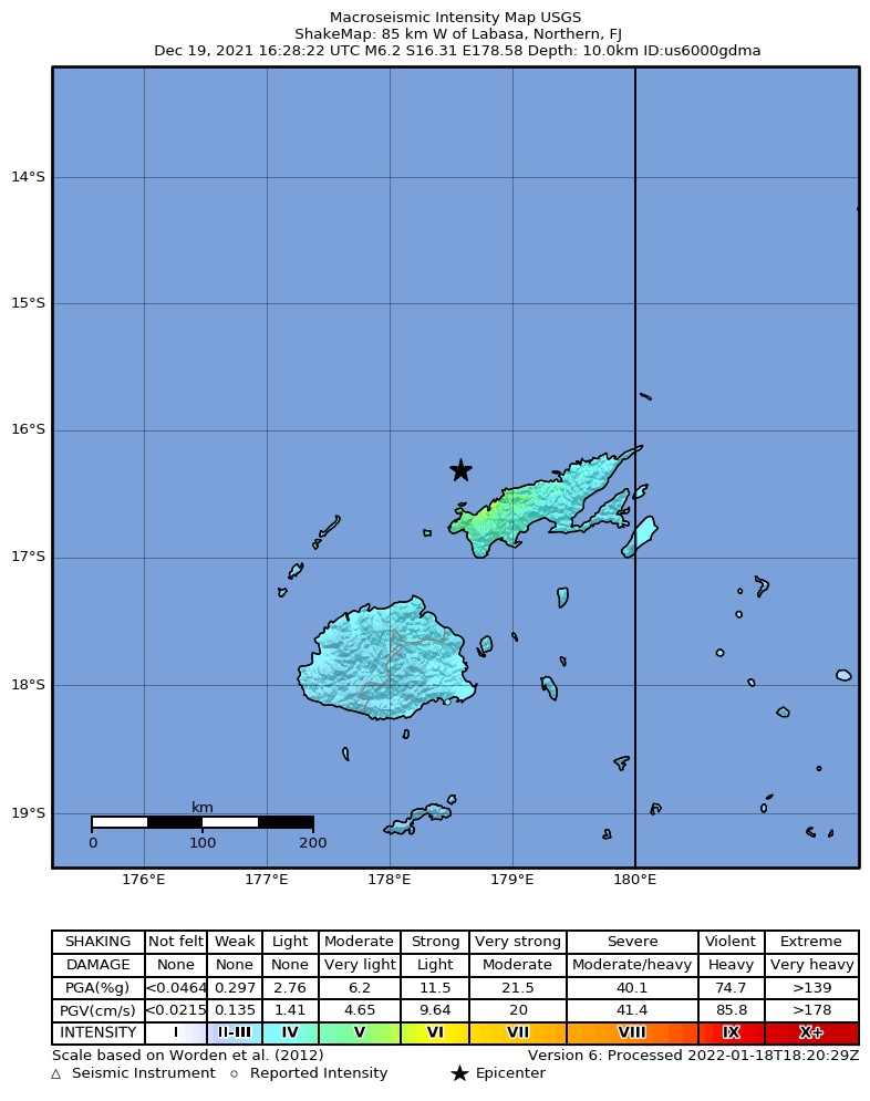 USGS ShakeMap intensity contours for the M6.2 earthquake near 85 km W of Labasa, Fiji