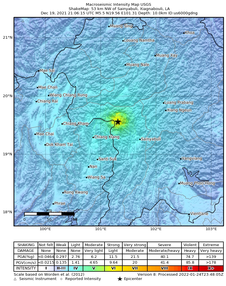 USGS ShakeMap intensity contours for the M5.5 earthquake near 53 km NW of Sainyabuli, Laos