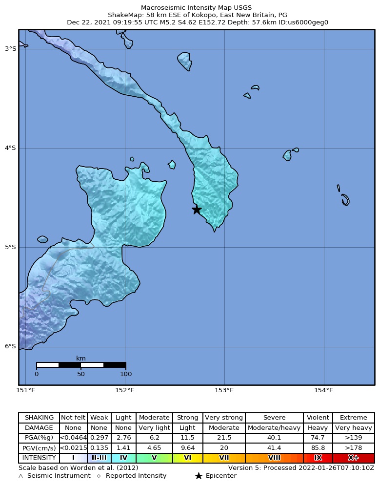 USGS ShakeMap intensity contours for the M5.2 earthquake near 58 km ESE of Kokopo, Papua New Guinea