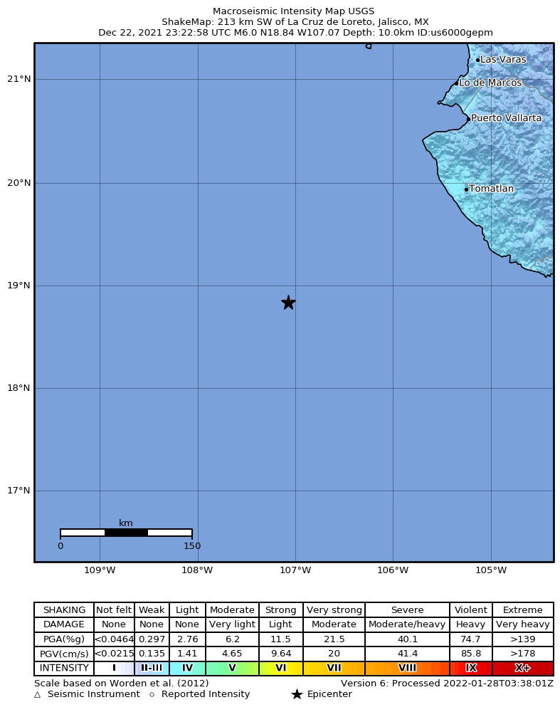 USGS ShakeMap intensity contours for the M6.0 earthquake near 213 km SW of La Cruz de Loreto, Mexico