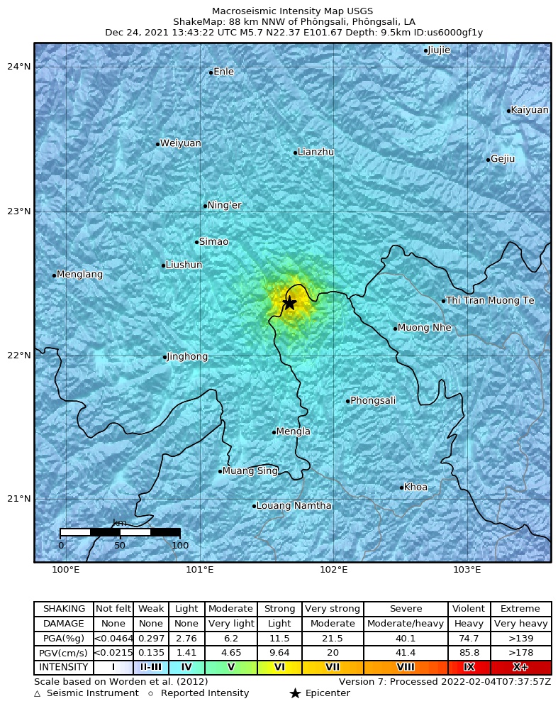 USGS ShakeMap intensity contours for the M5.7 earthquake near 88 km NNW of Phôngsali, Laos
