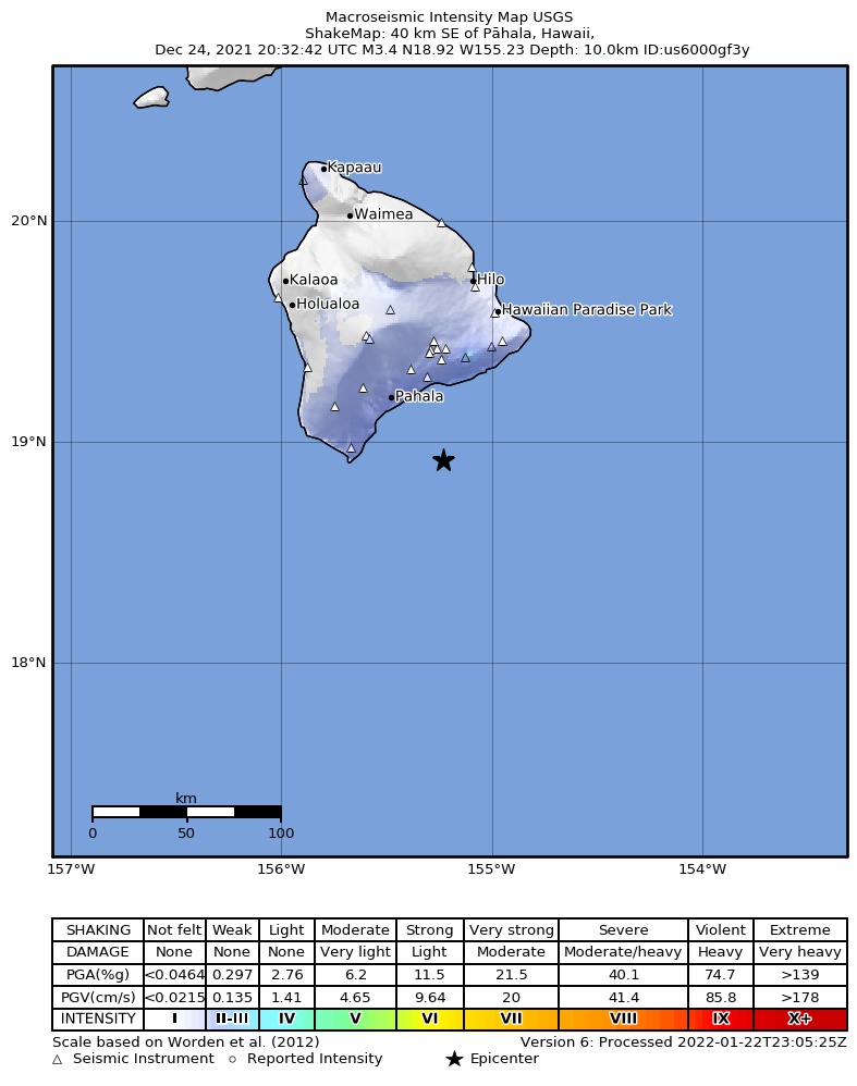 USGS ShakeMap intensity contours for the M3.3 earthquake near 45 km ESE of Naalehu, Hawaii