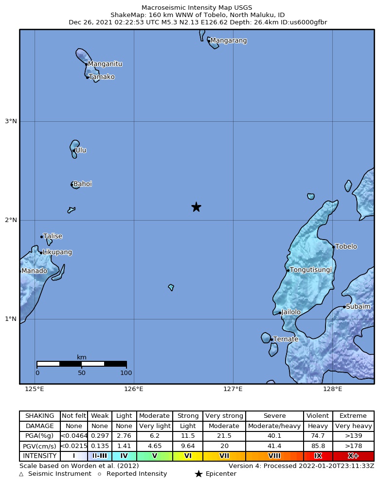 USGS ShakeMap intensity contours for the M5.3 earthquake near 160 km WNW of Tobelo, Indonesia