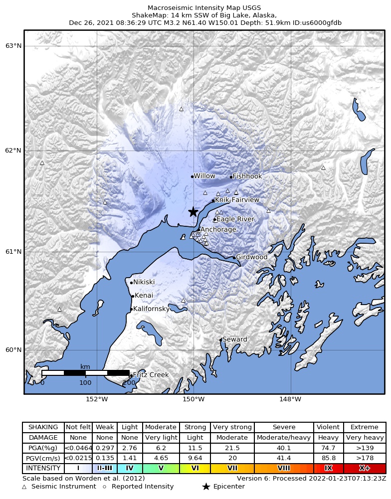 USGS ShakeMap: estimated shaking intensity around the epicenter