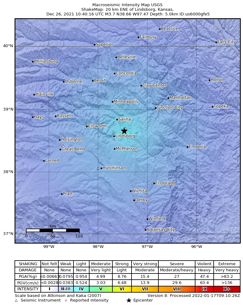 USGS ShakeMap: estimated shaking intensity around the epicenter