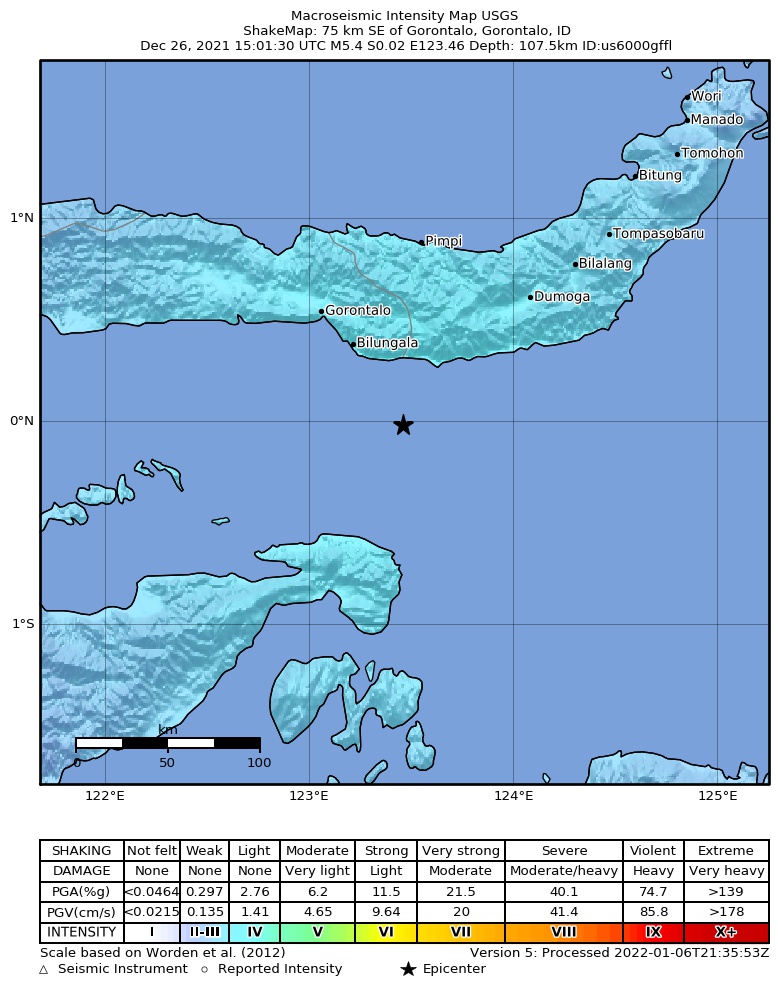 USGS ShakeMap intensity contours for the M5.4 earthquake near 75 km SE of Gorontalo, Indonesia