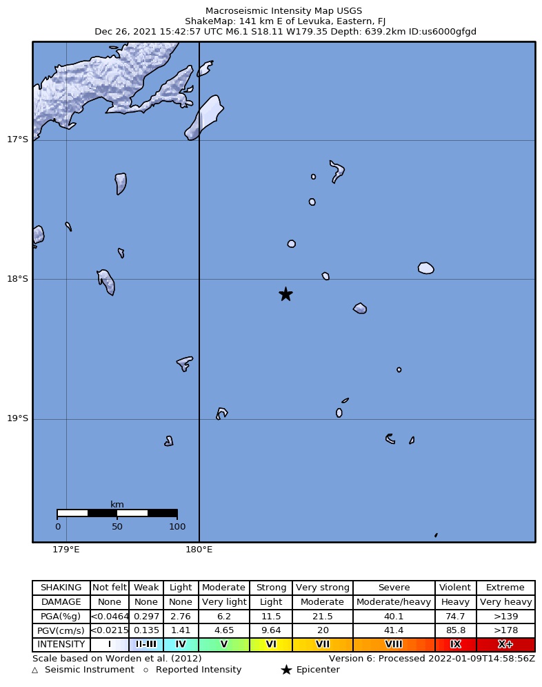 USGS ShakeMap intensity contours for the M6.1 earthquake near 141 km E of Levuka, Fiji