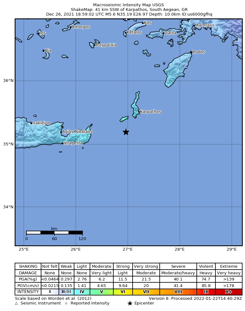 USGS ShakeMap intensity contours for the M5.6 earthquake near 25 km S of Fry, Greece