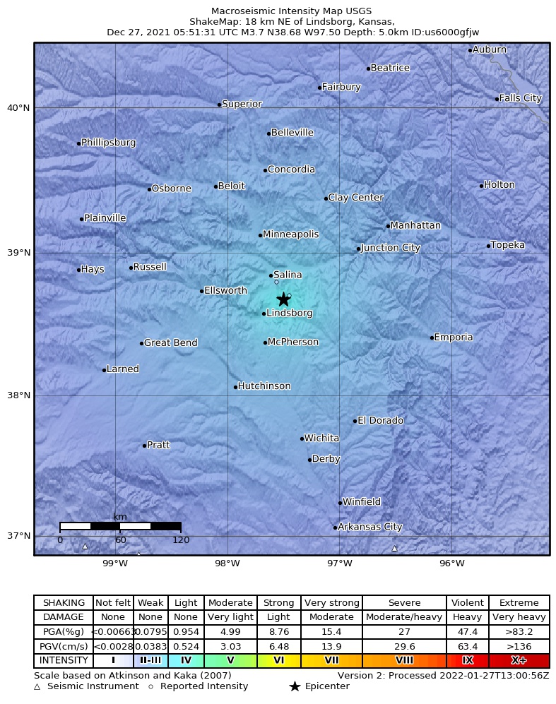 USGS ShakeMap: estimated shaking intensity around the epicenter