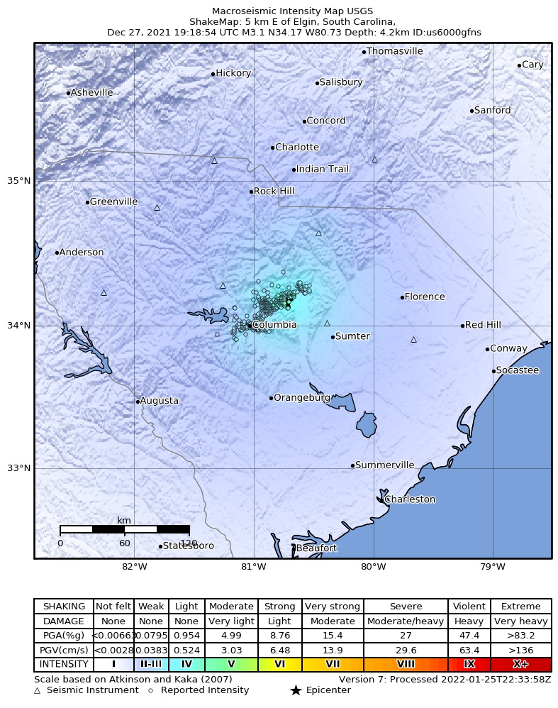 USGS ShakeMap intensity contours for the M3.3 earthquake near 5 km SSW of Lugoff, South Carolina