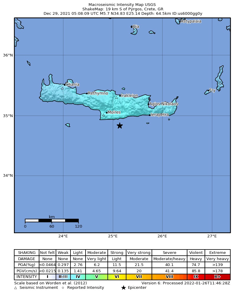 USGS ShakeMap intensity contours for the M5.7 earthquake near 19 km S of Pýrgos, Greece