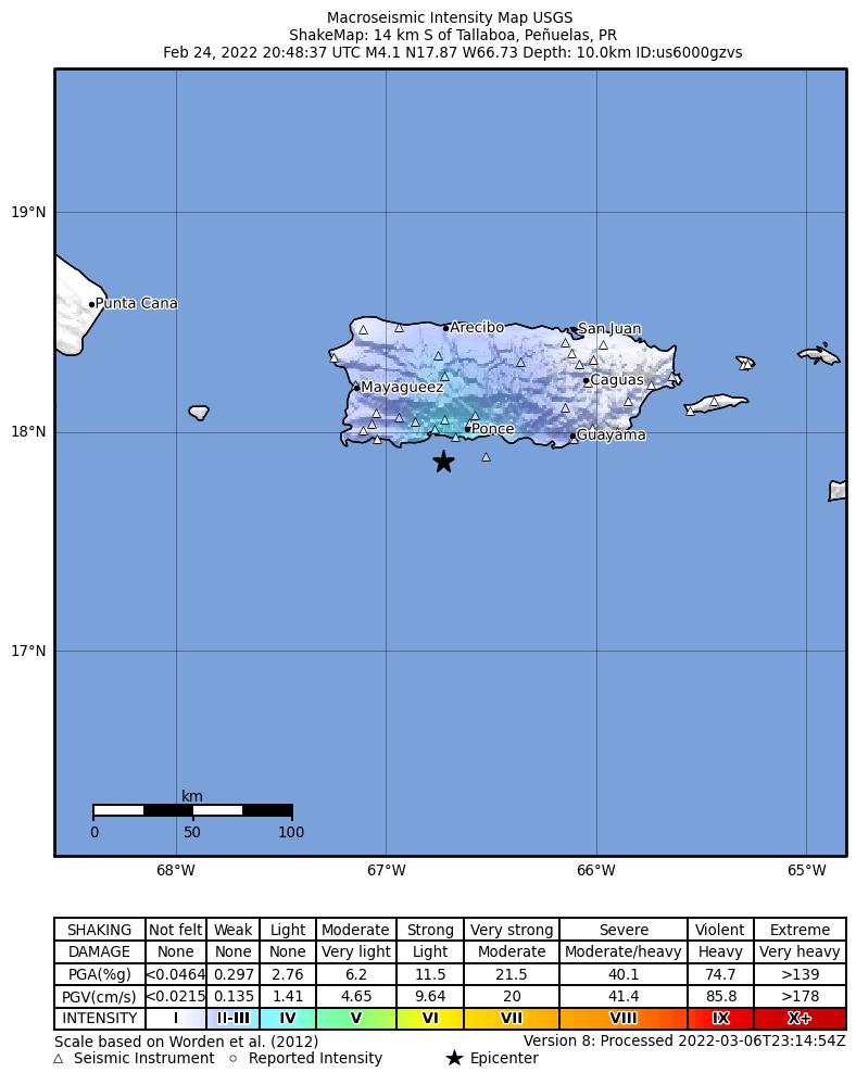 USGS ShakeMap intensity contours for the M4.2 earthquake near 3 km SW of Tallaboa, Puerto Rico
