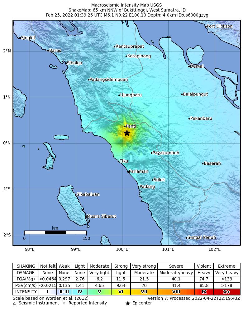 USGS ShakeMap intensity contours for the M6.1 earthquake near 65 km NNW of Bukittinggi, Indonesia