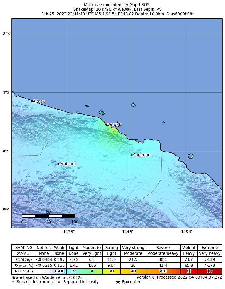 USGS ShakeMap intensity contours for the M5.4 earthquake near 20 km E of Wewak, Papua New Guinea