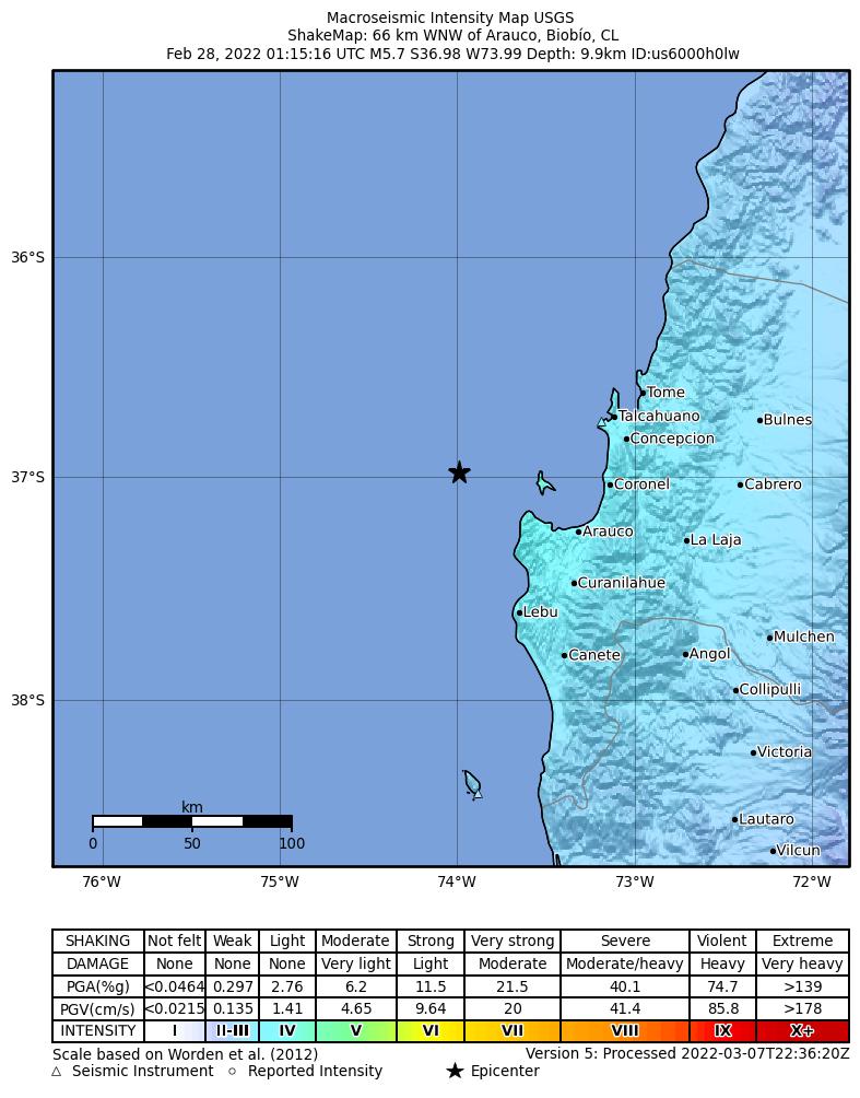 USGS ShakeMap intensity contours for the M5.7 earthquake near 66 km WNW of Arauco, Chile
