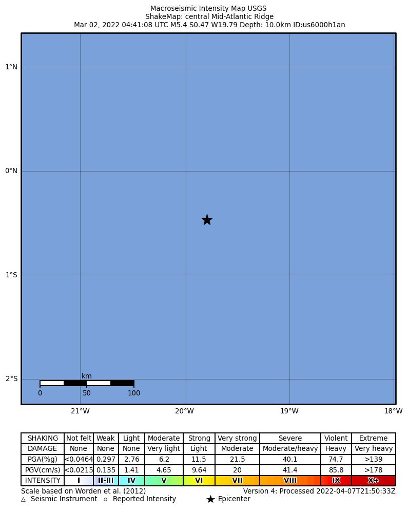 USGS ShakeMap intensity contours for the M5.4 earthquake near central Mid-Atlantic Ridge