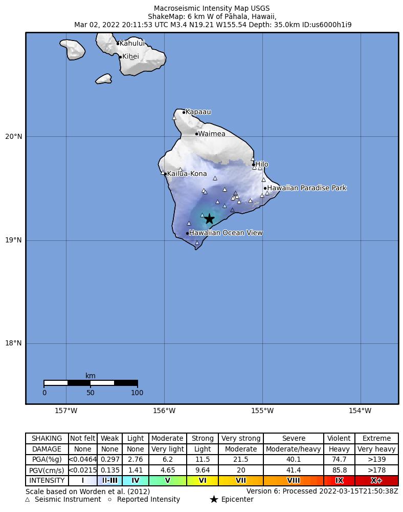 USGS ShakeMap intensity contours for the M3.1 earthquake near 4 km SW of P?hala, Hawaii