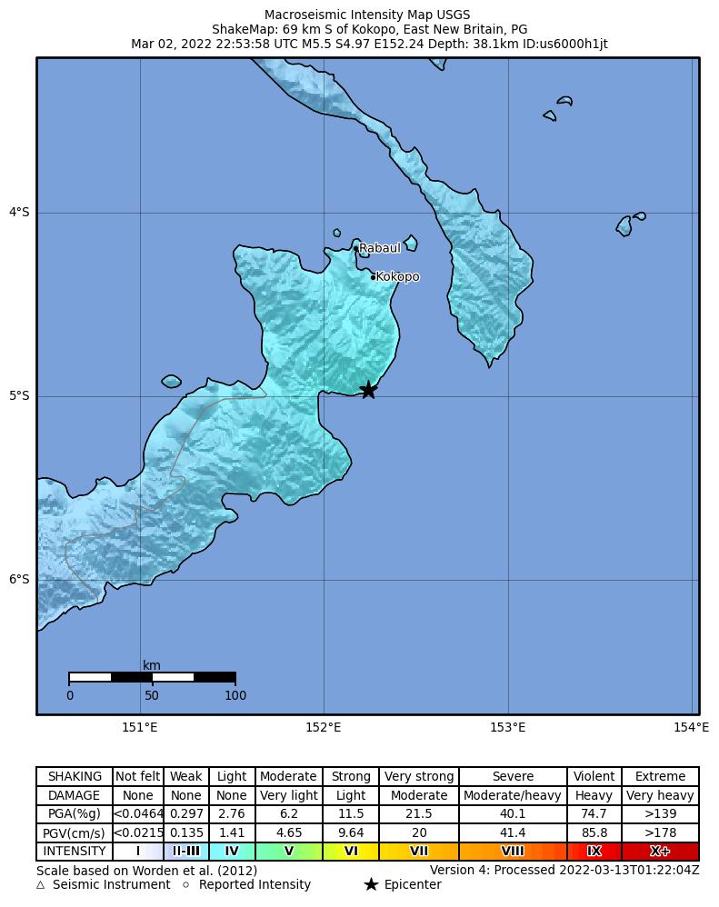 USGS ShakeMap intensity contours for the M5.5 earthquake near 69 km S of Kokopo, Papua New Guinea