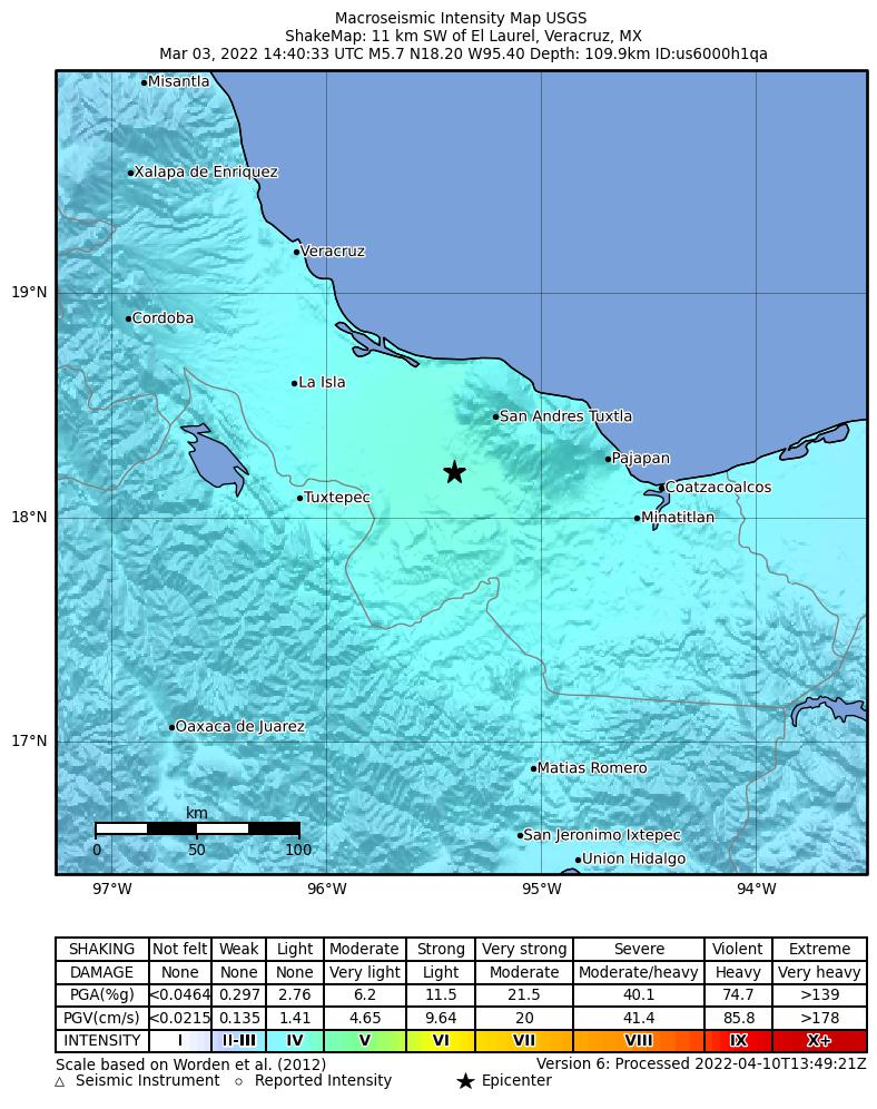 USGS ShakeMap intensity contours for the M5.7 earthquake near Veracruz, Mexico