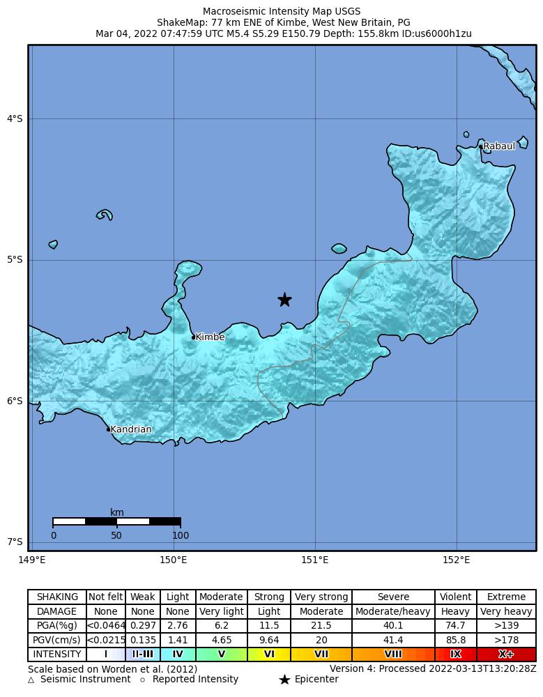 USGS ShakeMap intensity contours for the M5.4 earthquake near 77 km ENE of Kimbe, Papua New Guinea