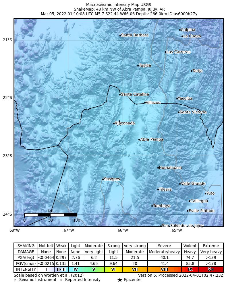 USGS ShakeMap intensity contours for the M5.7 earthquake near 48 km NW of Abra Pampa, Argentina