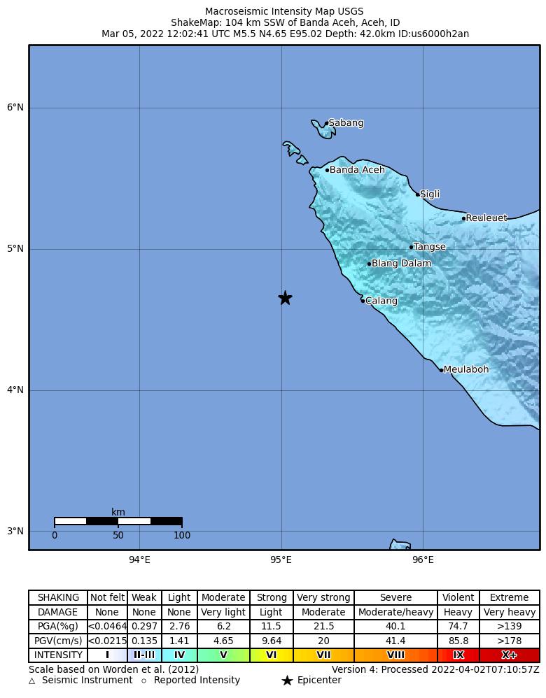 USGS ShakeMap intensity contours for the M5.5 earthquake near northern Sumatra, Indonesia