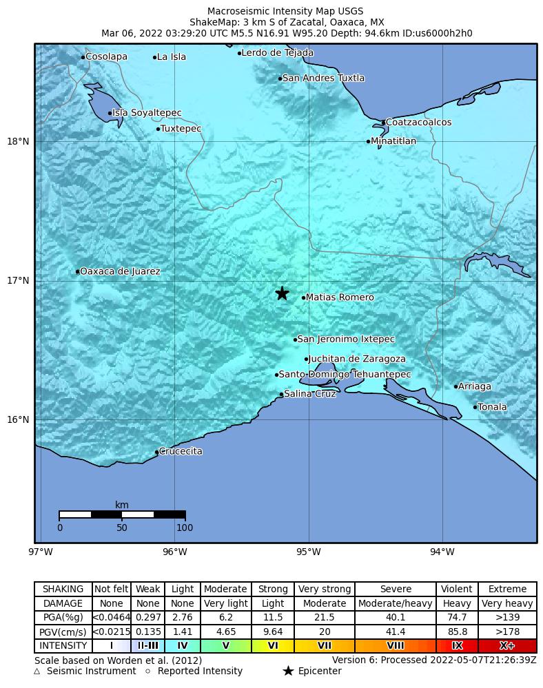 USGS ShakeMap intensity contours for the M5.5 earthquake near 3 km S of Zacatal, Mexico